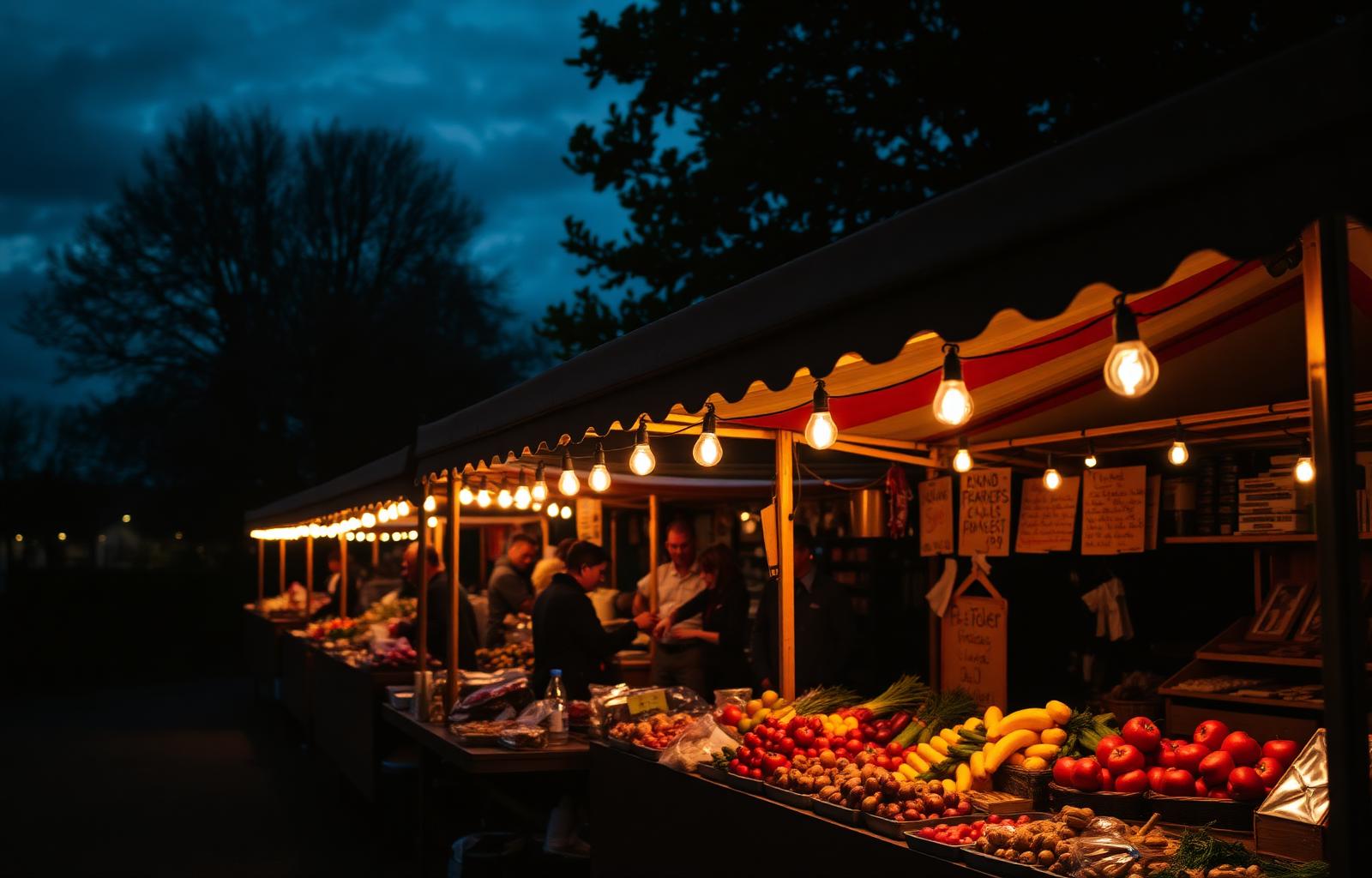 Farmers market stall at dusk